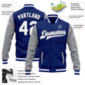 Chaqueta Varsity Casual de Lana para Hombre, Color Azul Rey y Gris, Personalizada, Otoñal, con Bordado y Tejido de Punto Acanalado, Fabricante al por Mayor, OEM, ODM, Marca Privada - Product Image 4