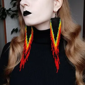 TRENDING <b>Red</b> black very long <b>earrings</b> extra long <b>earrings</b> fringe <b>earrings</b> boho <b>earrings</b> seed bead <b>earrings</b> handmade <b>earrings</b> - Product Image 1