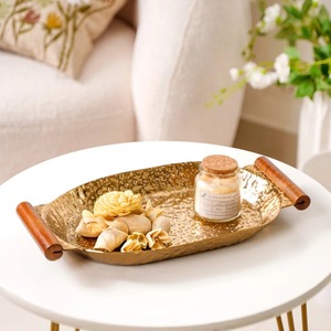 Premium Quality Gold Finished Oval Metal <b>Tray</b> With Wooden Handles For <b>Snacks</b> Or Drinks Serving And Tabletop Display From India - Product Image 4