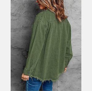 Women's Olive Green Genuine <b>Leather</b> Denim Shirt <b>Jacket</b> <b>Long</b> Loose Fit Turn-down Collar Button Front Frayed Hem Casual Spring - Product Image 4