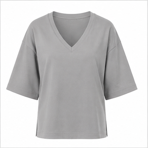 T-shirt pour femme gris clair à col en V et manches coude longues, coupe décontractée WTS-0083 - Product Image 1