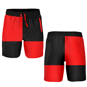 Pantalones cortos deportivos para hombre en rojo y negro, cintura elástica, secado rápido, tejido de poliéster, ajuste atlético, corte medio con bolsillos. - Product Image 1