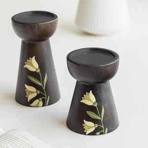 Handcrafted <b>Wooden</b> Candle Holder Set of 2 with Floral Hand Painted Design Rustic Dark Wood Pillar Candle Stand for Home Decor - Product Image 2