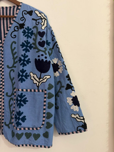 <b>Womens</b> Blue Mandarin Collar Regular Sleeve Floral <b>Embroidered</b> Open Front 100% Cotton Eco-Friendly Quick Dry Thick Quilted <b>Jacket</b> - Product Image 5
