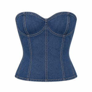 2026 New Arrival Plus Size Distressed Denim Rosette <b>Corset</b> Tube <b>Top</b> Breathable Low Priced OEM Serviced Women's Blouses Shirts - Product Image 3