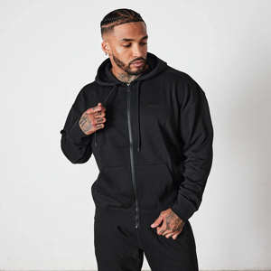 Ensemble sweat-shirt et jogging 2 pièces noir surdimensionné à fermeture éclair intégrale, nouvelle conception, coton lourd, pour homme, avec logo personnalisé - Product Image 2