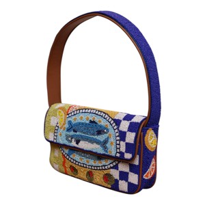 Sac à bandoulière artisanal en perles de poisson sardine |   Sac à rabat mignon à motif damier bleu pour femmes - Product Image 1