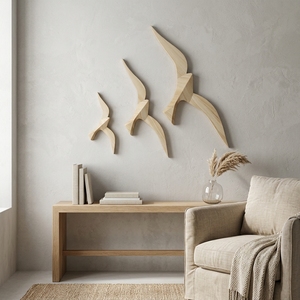 Ensemble de 3 sculptures murales en bois sculpté 3D d'oiseaux, style minimaliste, en forme de mouettes volantes, pour salon et entrée - Product Image 3
