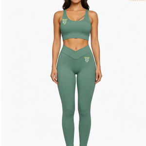 Conjunto de Yoga de 2 Piezas Verde para Mujer, Leggings de Cintura Alta, Top Corto con Espalda Cruzada, Color Sólido, Ropa Deportiva Transpirable con Elasticidad en Cuatro Direcciones - Product Image 1
