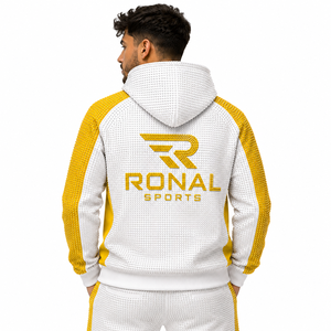 Sudadera con Capucha RONAL SPORTS para Hombre, Blanca y Amarilla, con Estampado Brillante, Tejida, Transpirable, Corte Deportivo, Largo Regular, Logotipo Frontal, para Otoño - Product Image 4
