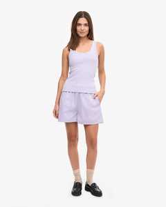 Camiseta sin mangas de punto minimalista para mujer, color lila, cuello redondo, color sólido, informal, transpirable, longitud regular, 100% algodón - Product Image 4