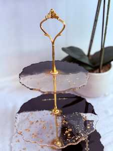 Two Tier Eco-Friendly Dishwasher Safe <b>Cake</b> <b>Stand</b> Resin Black <b>White</b> Gold Accents Handmade Multi Layer Serving Tray Luxury - Product Image 6