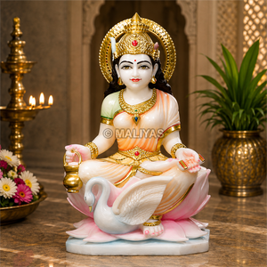 Elegant Gayatri Mata Marble Murti with Swan | White Marble Idol by MALIYAS Jaipur - Product Image 1