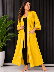 Hotel Spa Super Heavy Cotton Yellow Color Plain Kimono Quick-<b>Dry</b> Luxury Bathrobe for <b>Women</b> and Couples Casual Wear With Pockets - Product Image 1