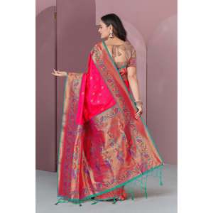 Sari en soie Paithani Meenakari rose original tissé avec des fils Zari pour robes de cocktail - Product Image 3