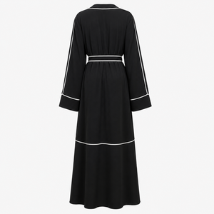 Abaya de poliéster de primera calidad para mujer, diseño ODM, con cuello en V, manga larga, modesta, con cinturón a juego, ribete y secado rápido. - Product Image 4