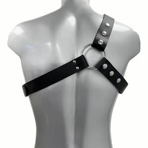 Black Leather Chest Harness With Steel Ring And Adjustable Straps For Club Wear - Product Image 1