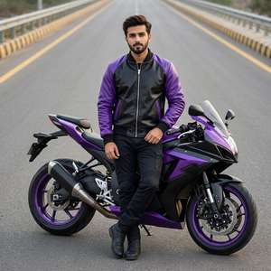 Blouson bomber en cuir PU pour homme, noir et violet, à col montant, coupe-vent, fermeture éclair, style décontracté - Product Image 4
