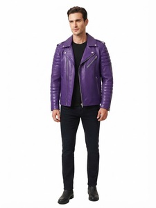 Men's <b>Purple</b> Leather Moto Jacket with Zipper Closure Canvas Stand Collar <b>Cow</b> Skin Slim Fit Biker Style Winter Wear Front Logo - Product Image 1