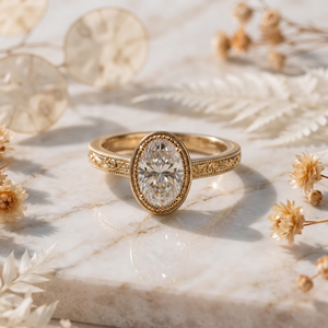 Bague de fiançailles ovale en moissanite en or jaune 18 carats haut de gamme avec sangle gravée et milgrain vintage, bijoux de luxe raffinés - Product Image 1