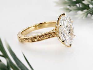 Anillo de compromiso de oro amarillo de corte ovalado con diamante cultivado en laboratorio para mujer, estilo vintage con grabado de filigrana y banda milgrain, solitario para boda. - Product Image 2