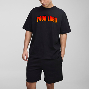 Ensemble T-shirt et short pour homme en coton éponge respirant, noir, avec logo personnalisé, idéal pour le sport - Product Image 4