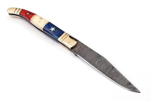 Navaja Plegable de Acero de Damasco con Mango Rojo y Azul, Diseño de Estrella, Hoja de Punta Caída, Apertura con Perilla de Pulgar - Product Image 2