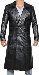 Manteau long pour homme en laine véritable avec manches en cuir, style universitaire, avec fausse fourrure - Product Image 2