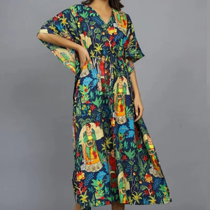 Caftán de algodón hecho a mano, estilo Kahlo, color azul marino, para playa, kimono, túnica, ropa para mujer - Product Image 1