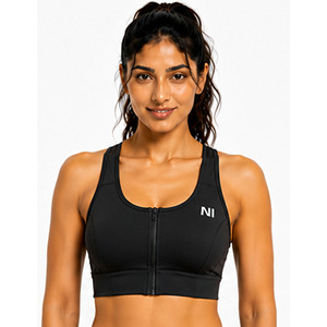 OEM Women Seamless Sports Bra Scoop Neck Racerback Zipper Front Medium Support Breathable Fitness Workout Wear Solid Black - Product Image 1