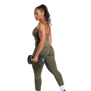 Women's High Waisted Acid Wash <b>Seamless</b> <b>Leggings</b> Olive Green Ribbed Yoga Pants for Gym Workout Fitness and Trendy Athleisure - Product Image 4