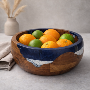 Tazón Redondo Decorativo de Madera de Acacia con Resina Epoxi Azul-Blanca, Color Marrón Natural, Hecho a Mano, para Servir Ensaladas, Decoración para Fiestas y Hogar - Product Image 5