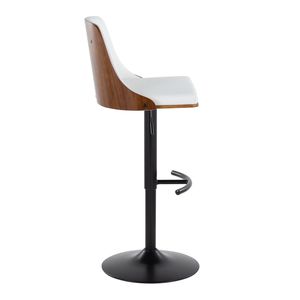 Sgabello da Bar Gianna Stile Mid-Century Moderno, Regolabile e Girevole, in Metallo Nero e Legno di Noce, Seduta in Ecopelle Bianca, Design con Parte Superiore Arrotondata - Product Image 3