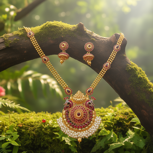 Fashion Jewelry Set Temple Style Circular Pendant with Peacock and Ruby Kemp Embellishment - Product Image 3