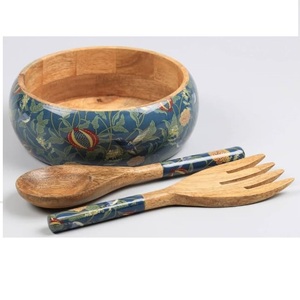 Bol à salade et à mélanger en bois fait main avec motif imprimé émaillé pour la cuisine et la salle à manger, bol décoratif en bois de manguier pour fruits - Product Image 1