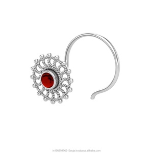 Pendiente de Nariz de Plata de Ley 925 con Engaste Étnico de Granate Redondo, Joyería Corporal para Mujeres y Niñas, Regalo - Product Image 3
