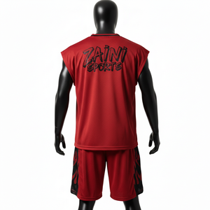Conjunto de pantalones cortos y camiseta de baloncesto para hombre, tela de malla de poliéster transpirable, panel lateral rojo y negro, logotipo con transferencia térmica, conjunto corto para hombre - Product Image 2