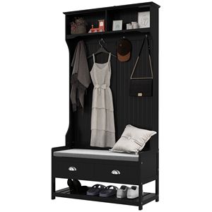 Black Hall Tree Organizer with 4 Hooks and 2 Drawers Coat Rack and <b>Padded</b> <b>Bench</b> for Home Entryway Furniture - Product Image 1