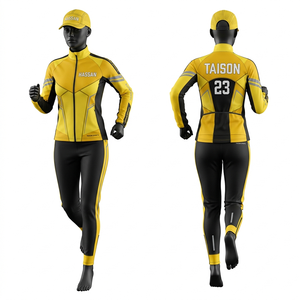 Survêtement de course pour femme en poly-spandex de haute qualité, jaune et noir avec empiècements contrastés, logo thermocollé. - Product Image 6