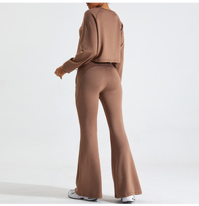 Brown Two Piece Sweatshirt Set for Women <b>Crop</b> Top Pullover and Flare Leg Pants Casual Soft Lounge Outfit for Daily Wear - Product Image 1