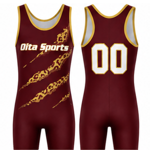 Singlet de Lucha Sublimado en Color Borgoña y Dorado para Hombre, Uniforme Deportivo de Poliéster sin Mangas para Entrenamiento y Competencia de Lucha - Product Image 1