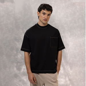 T-shirt d'été décontracté pour homme, coupe ample, 100 % coton, avec surpiqûres contrastées, poche avant intégrale, coupe régulière, respirant, 220g, tendance 2026 - Product Image 1