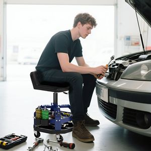 Sgabello da Officina Blu Regolabile in Altezza con Ruote Girevoli a 360 Gradi, Capacità 136 kg, Vassoio Porta Attrezzi per Meccanici - Product Image 2