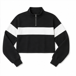 Customize Jet <b>Black</b> Womens Oversized Half Zip Cropped Sweatshirt Rib Cuff Soft Knit <b>Fleece</b> WHZCROP-0002 - Product Image 5