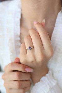 Anillo Corazón de Piedra del Sol de Plata de Ley 925, Chapado en Oro de 14K, Chapado en Rodio, Vermeil, Vintage, Piedra de Nacimiento de Febrero para Mujer - Product Image 6
