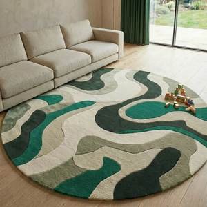 Tapis rond moderne abstrait en laine tuftée, antidérapant, pour salon, vert, beige, gris - Product Image 1