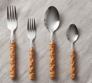 Handmade Stainless Steel Flatware Set With <b>Bamboo</b> Handle Bohemian Reusable Cutlery For Camping Use Hotel And Dining Use - Product Image 1