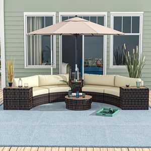 Set di 4 Sedie Divano in Rattan con 4 Tavolini, Vano Portaoggetti e Foro per Ombrellone, Marrone Misto - Product Image 2