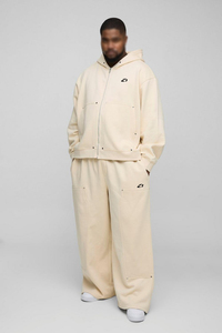 Ensemble de survêtement deux pièces en coton épais pour homme, avec sweats à capuche et pantalons de survêtement à jambe large entièrement cloutés, poches utilitaires, logo personnalisé, vente en gros OEM - Product Image 2