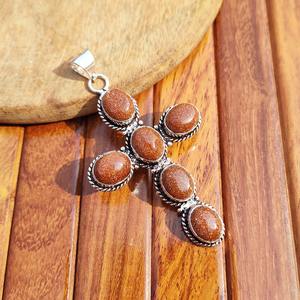 Pendentif Croix en Laiton Fait Main, Pierre de Sable Dorée Naturelle, Vintage, Unisexe, Plaqué Argent Antique, Bijou Cadeau à Bas Prix - Product Image 3